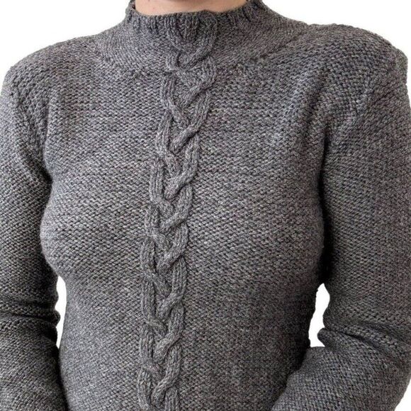 Vintage Womens Hand Knit Gray Cable Chunky 100% Wool Sweater Sz S - Picture 3 of 7
